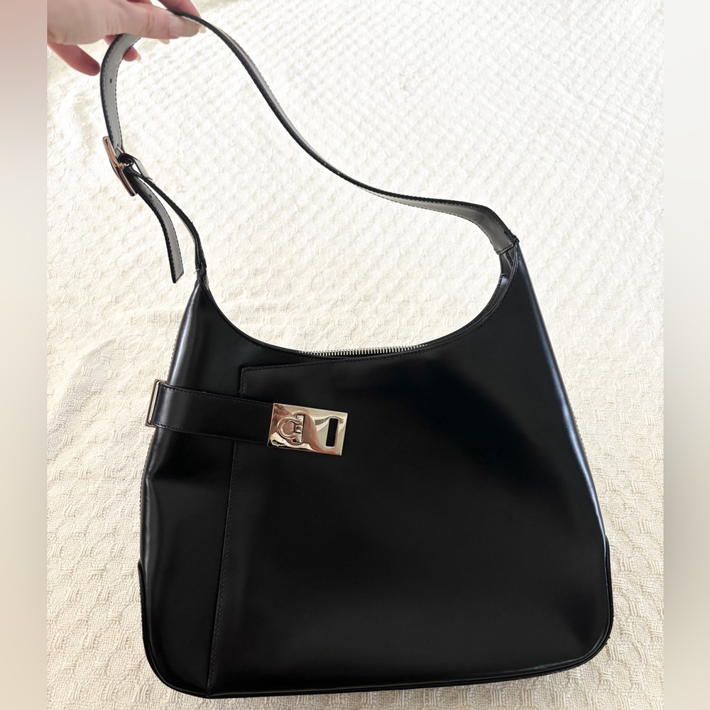 Vintage Salvatore Ferragamo Black Leather Shoulder Bag